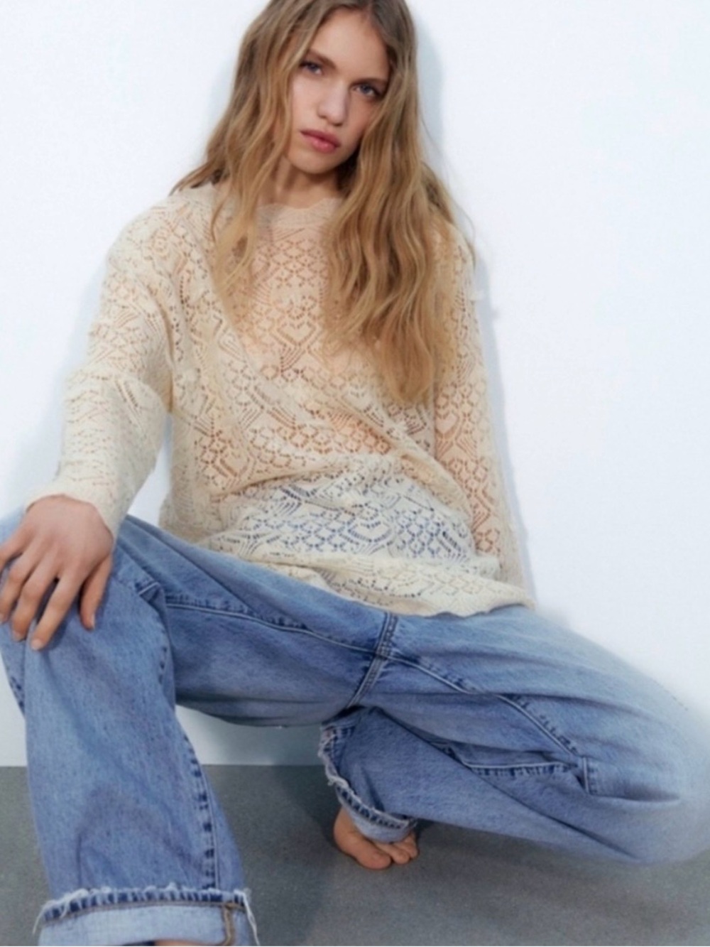 Zara Pointelle Open Knit Ivory Cream Wool Alpaca Round Neck Sweater